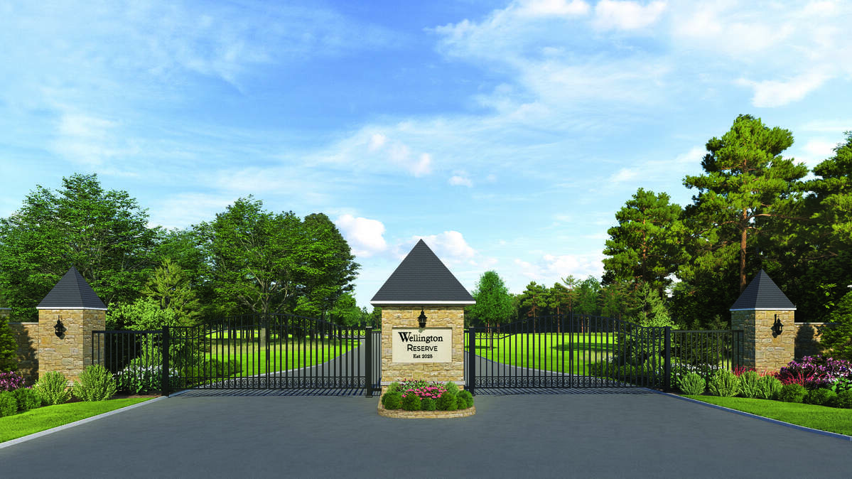 A rendering of Wellington Reserve’s stone-gated entrance (with security cameras) at 2800 Dover Farm Road in west Raleigh.