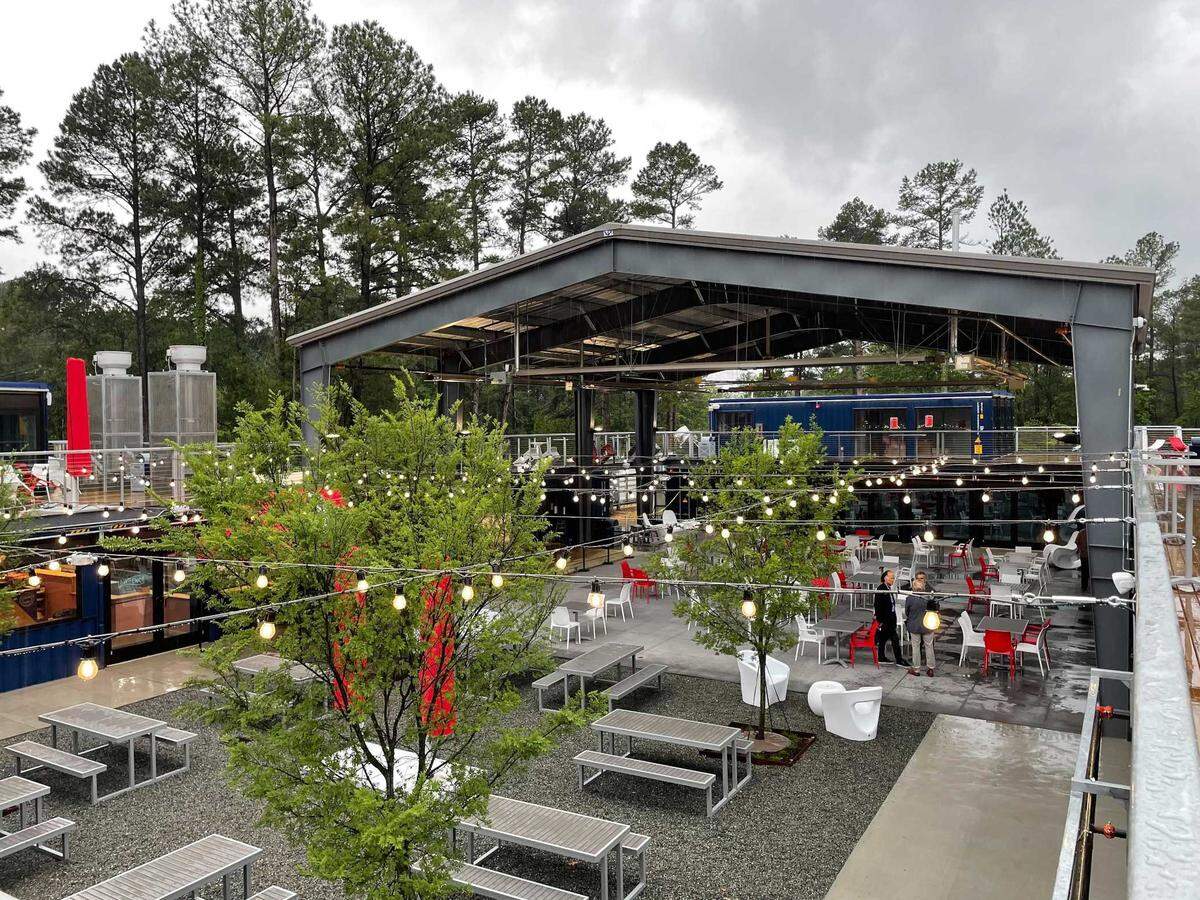 The Boxyard in Research Triangle Park on June 3, 2021, a collection of shipping containers that serve as a center of restaurants, cafes and breweries next to the Frontier. The Boxyard’s 13 tenants include Fullsteam Brewery, Beyu Caffe and Lawrence Barbeque.