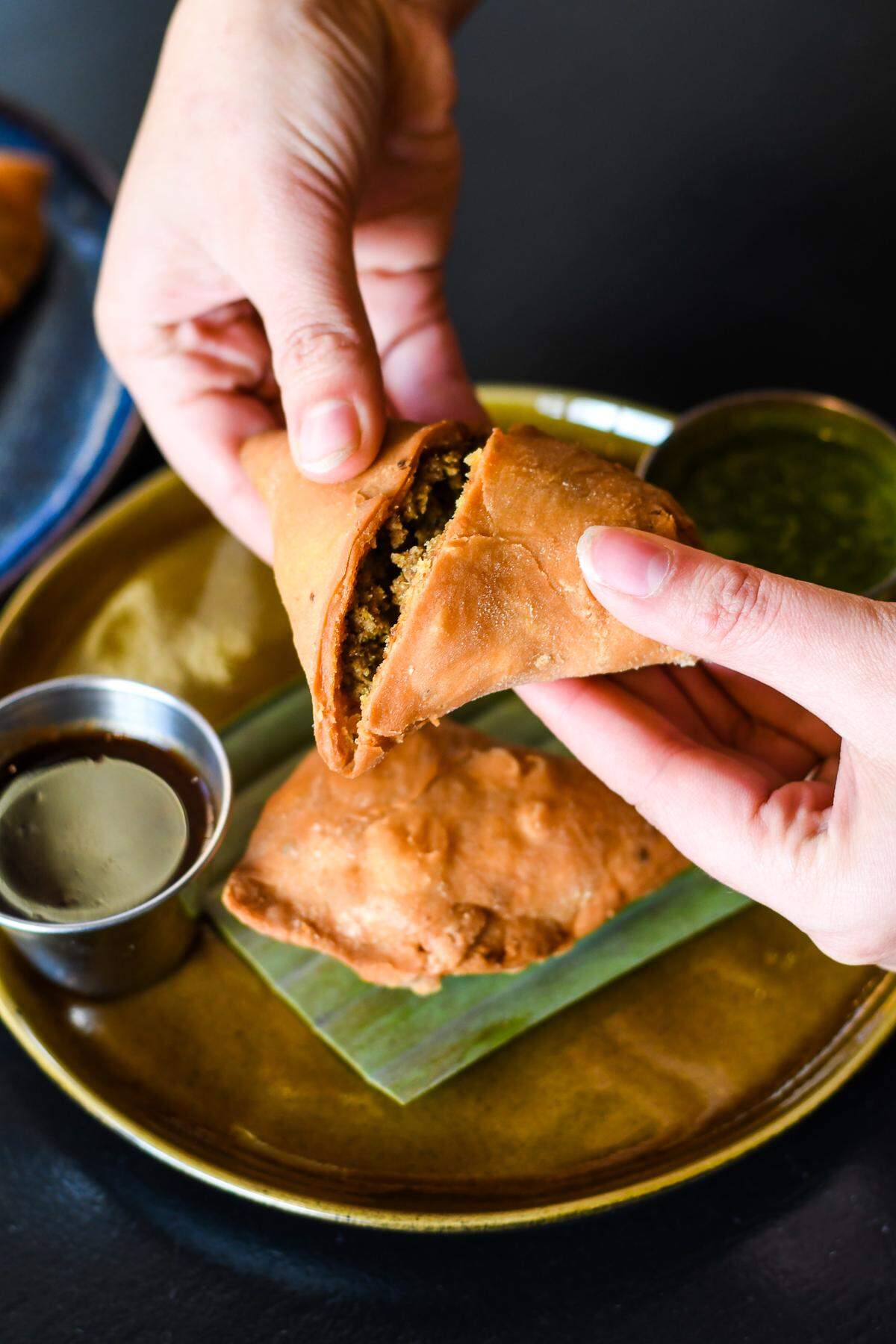 A plate of crispy samosas at Cheeni in Durham.