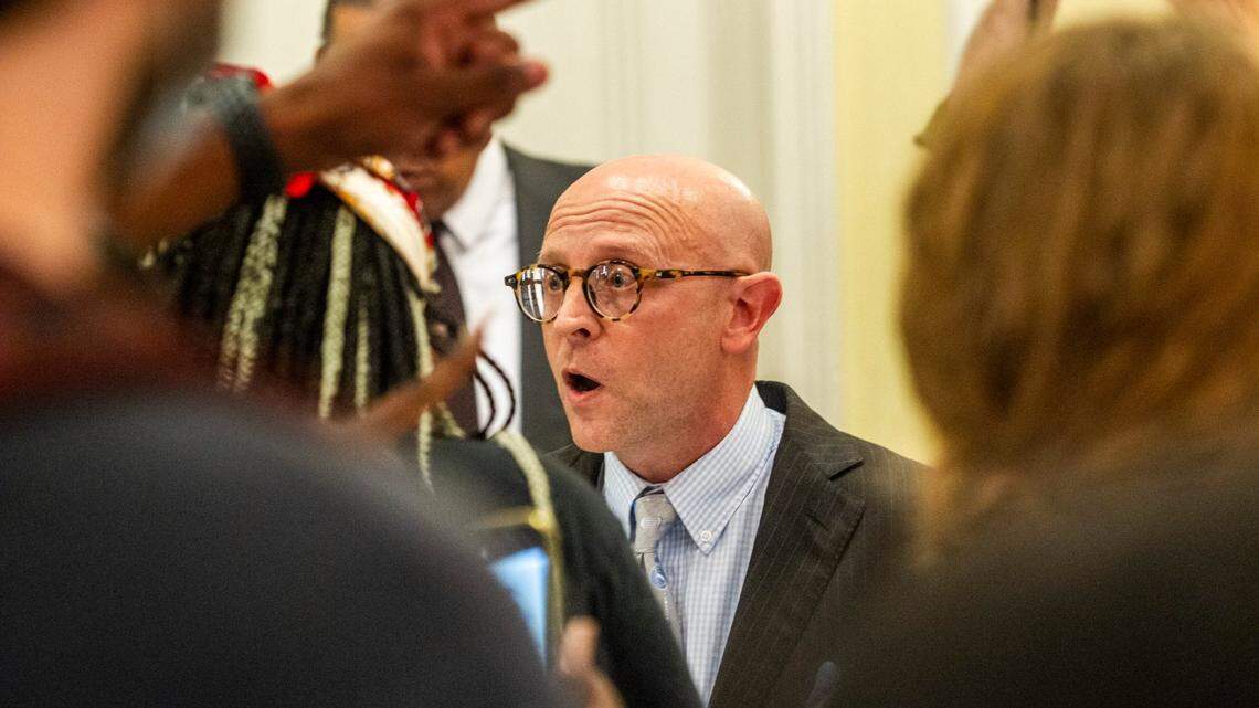 Demonstrators confront Gene Davis, vice chairman of the UNC-Chapel Hill Board of Trustees, after the board voted to approve tenure for distinguished journalist Nikole Hannah-Jones Wednesday, June 30, 2021 at Carolina Inn in Chapel Hill.