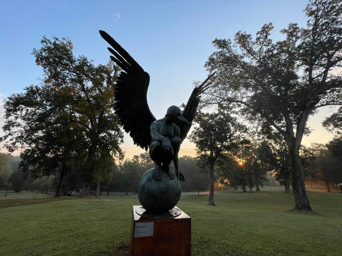 “Persélidas Monumental” is one of nine bronze sculptures from the “Wings of the City” exhibit by Mexican artist Jorge Marín. The collection will be displayed throughout Dorothea Dix Park through March 2022.