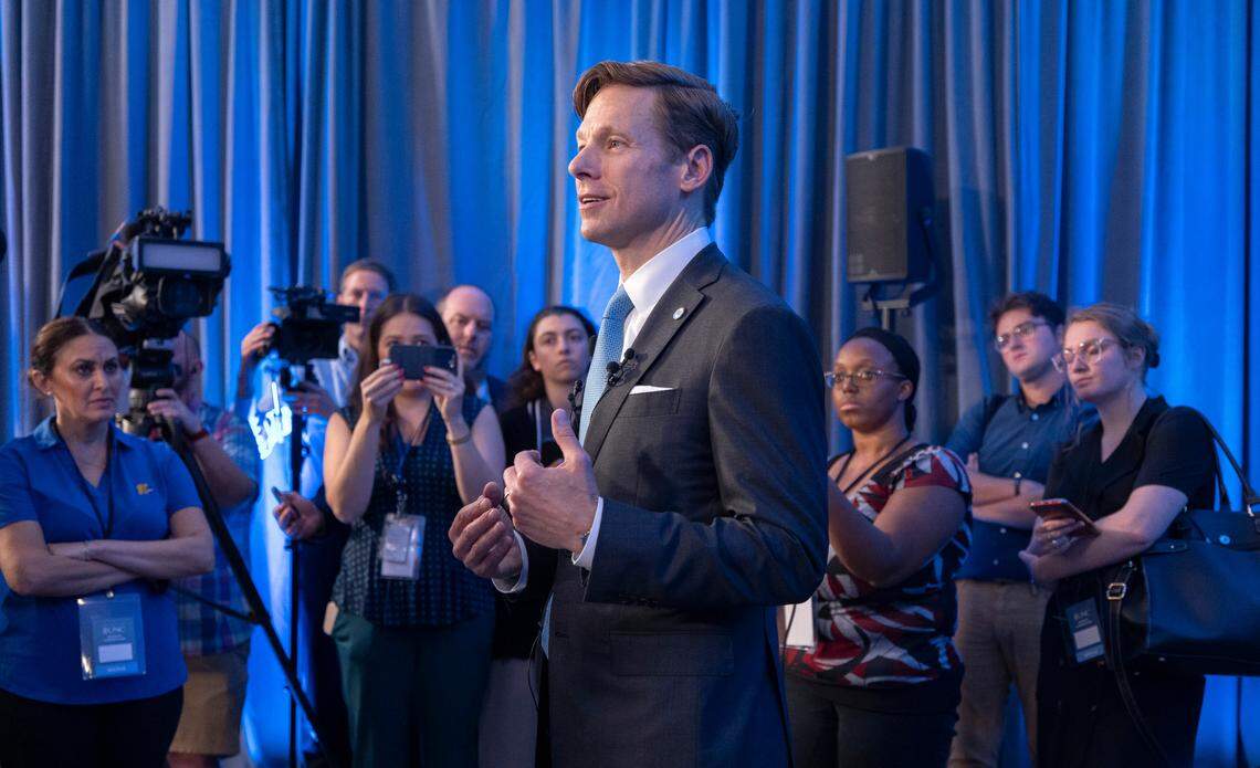 Lee Roberts, the newly named chancellor of the University of North Carolina, meets with reporters following his formal introduction on Friday, August 9, 2024 at the Kenan-Flagler Business School in Chapel Hill, N.C.