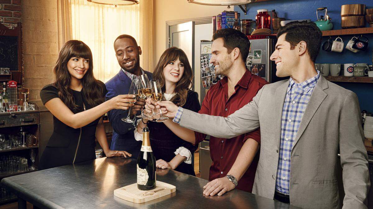 (L-R:)  Hannah Simone, Lamorne Morris, Zooey Deschanel, Jake Johnson and Max Greenfield in the final season of "New Girl" on Fox.