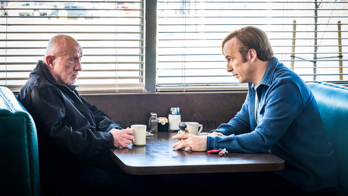 Jonathan Banks, left, as Mike Ehrmantraut, and Bob Odenkirk as Jimmy McGill in Season 4 of “Better Call Saul” on AMC.