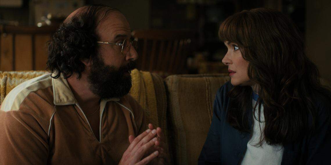 (L to R) Brett Gelman as Murray Bauman and Winona Ryder as Joyce Byers in Season 4 of the Netflix series “Stranger Things.” 