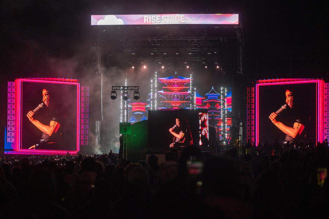 Nicki Minaj performs at the second night of Dreamville Festival in Raleigh, N.C. on Sunday, April 7, 2024.