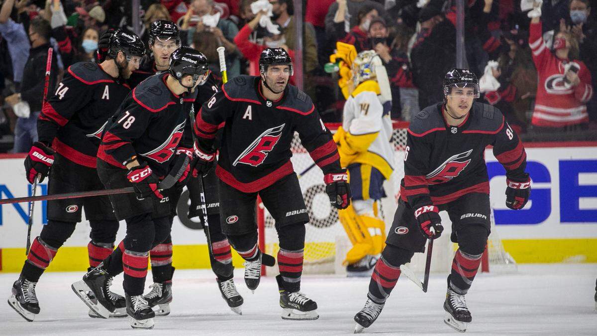 Carolina Hurricanes’s Teuvo Teravainen (86) skates to the bench after scoring to tie Nashville 1-1 in the first period during their first round Stanely Cup series game against Nashville on Monday, May 17, 2021 at PNC Arena in Raleigh, N.C.