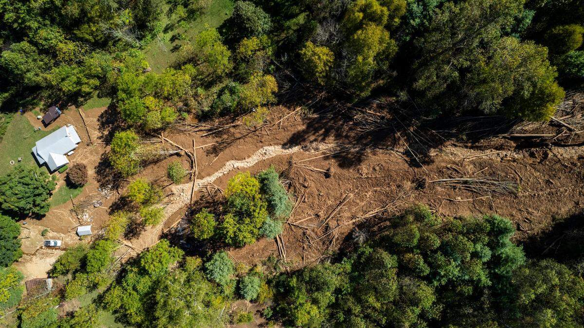 An aerial view of a landslide in Cruso on Saturday, October. 5, 2024 The remnants of Hurricane Helene caused more than 300 landslides, many in North Carolina.