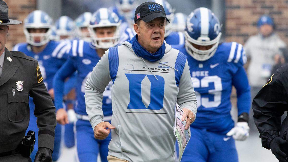 Duke Head Coach David Cutcliffe jogs onto the field prior to the start of an NCAA football game against Pittsburgh in Durham, N.C., Saturday, Nov. 6, 2021.