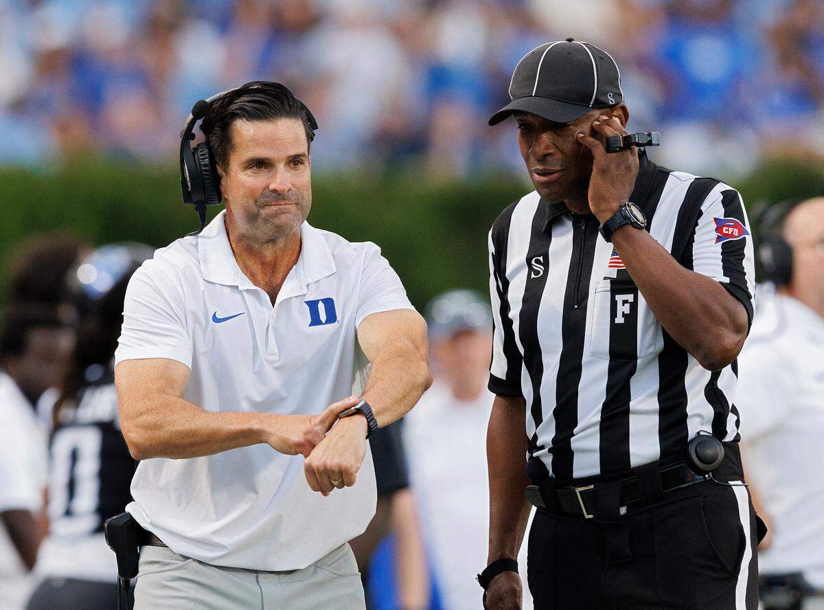 Duke head coach Manny Diaz reacts as officials review a call during the second half of the Blue Devils’ 21-20 win over North Carolina on Saturday, Sept. 28, 2024, at Wallace Wade Stadium in Durham, N.C.