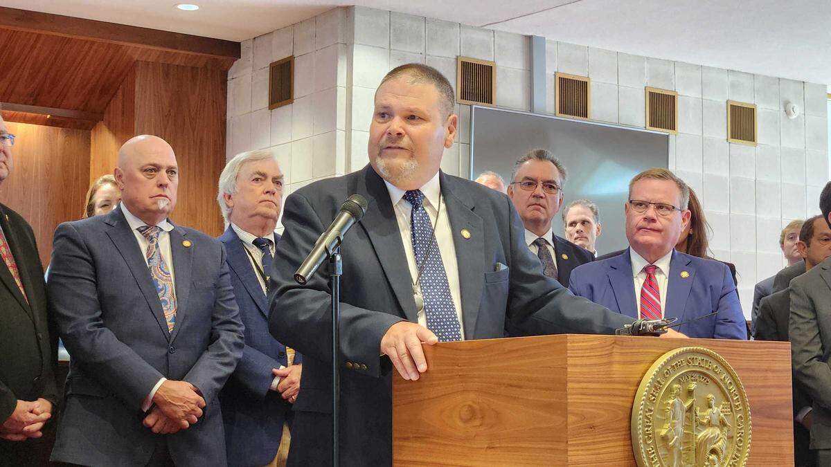 Republican Rep. Dudley Greene talks about the impact of Hurricane Helene in his Western NC district, which includes Avery, McDowell, Mitchell and Yancey counties, during a news conference on Wednesday, Oct. 9, 2024 at the N.C. Legislative Building in Raleigh, N.C.