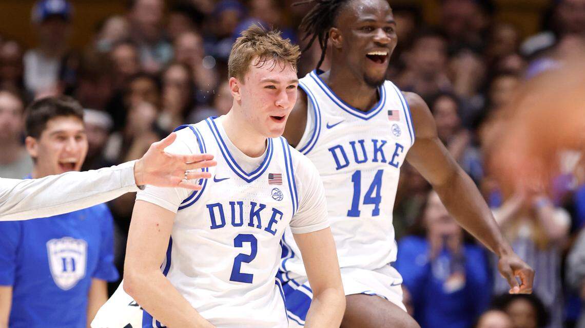 during the first half of Duke’s game against Miami at Cameron Indoor Stadium in Durham, N.C., Tuesday, Jan. 14, 2025.