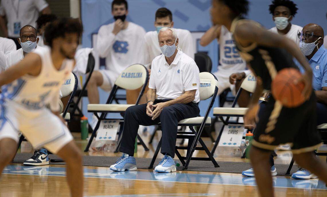 North Carolina coach Roy Williams watches his team on defense in first half against College of Charleston on Wednesday, November 25, 2020 at the Smith Center in Chapel Hill, N.C.