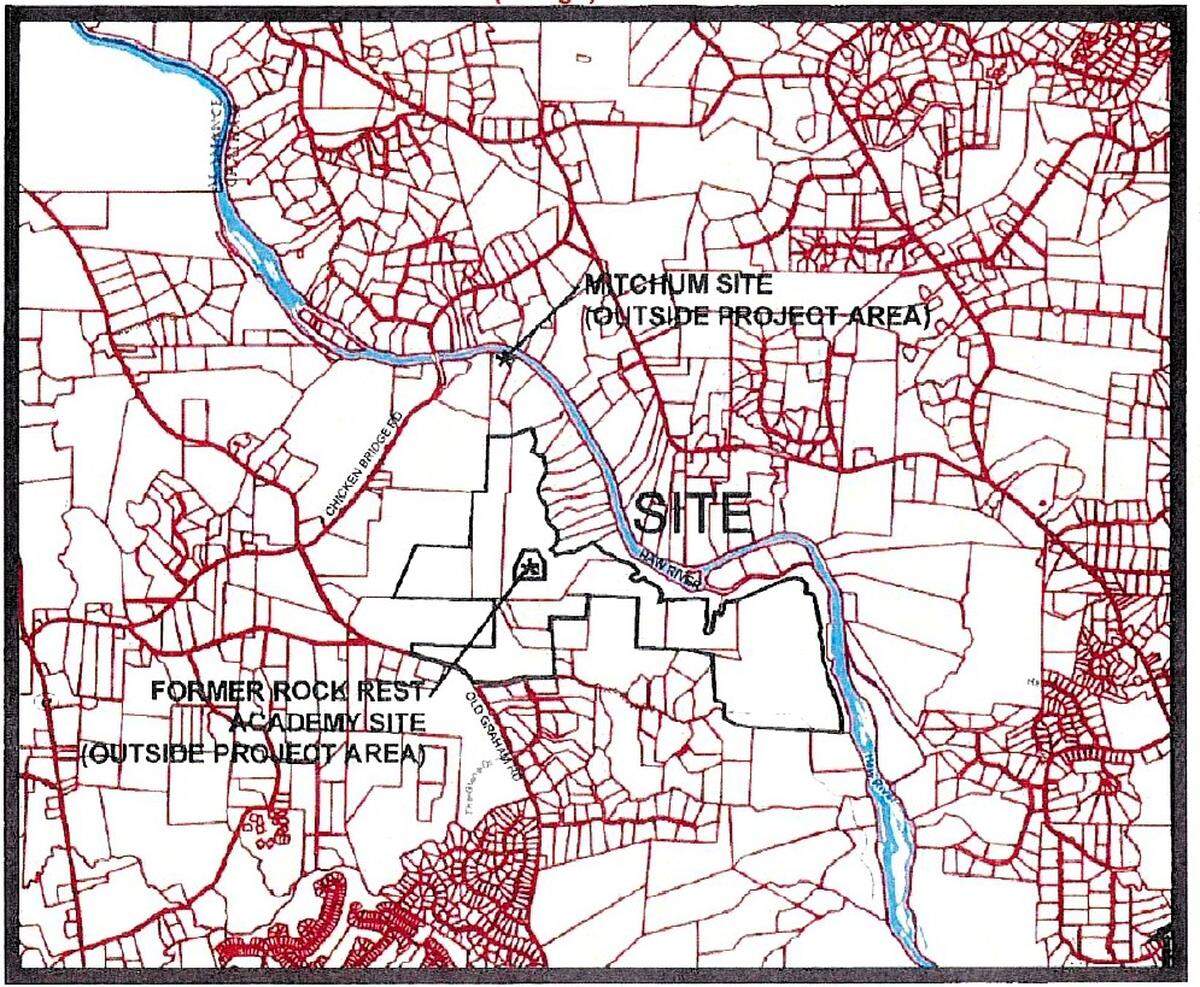 The Mitchum site (top center) is estimated to be 10,000 years old. UNC researchers discovered two burial sites along the Haw River in Chatham County in 1983, but little has been done to study the surrounding land. The Riverbend Estates site is outlined in black.