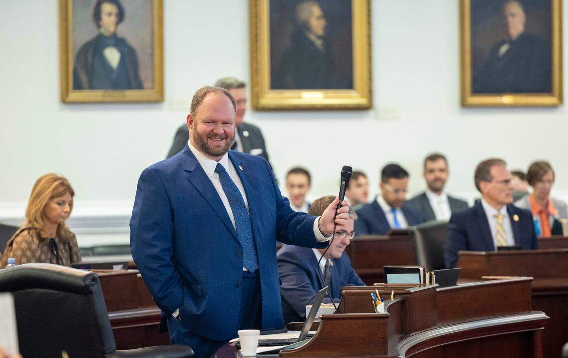 Ralph Hise, a Mitchell County Republican, addresses fellow senators before a second reading of a budget bill at the General Assembly in 2023.