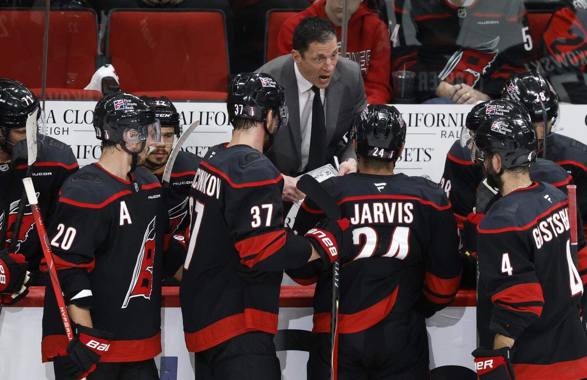 Carolina head coach Rod Brind'Amour talks to the team in the third period of the Canadiens’ 6-2 victory over the Hurricanes in game one of the Eastern Conference Finals at the Lenovo Center Thursday, May, 21, 2026.