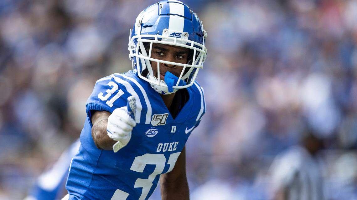 Duke’s Josh Blackwell gestures to an official prior to a snap during an NCAA college football game against Georgia Tech in Durham, N.C., Saturday, Oct. 12, 2019. (AP Photo/Ben McKeown)