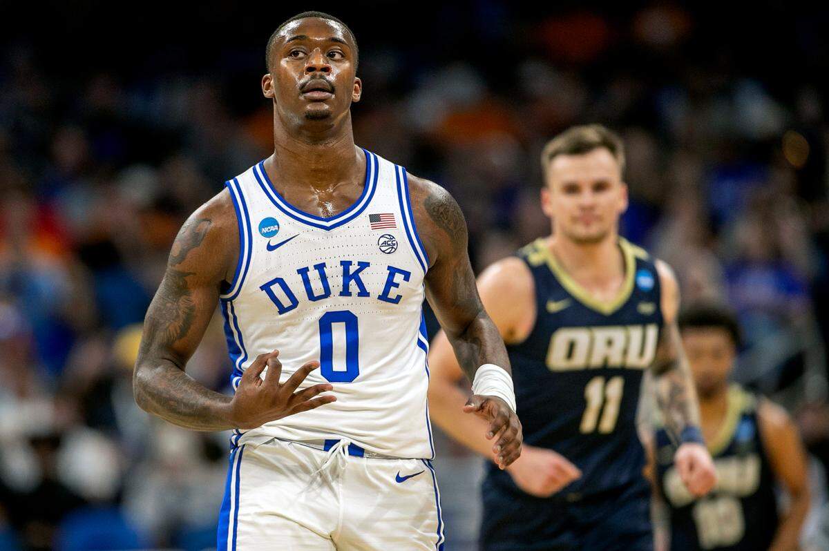 Duke’s Dariq Whitehead (0) reacts after sinking a three point basket against Oral Roberts to take an 18 point lead in the first half during the first round of the NCAA Tournament on Thursday, March 16, 2023 at the Amway Center in Orlando, Fla.