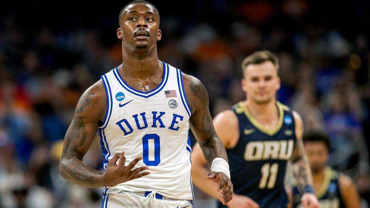 Duke’s Dariq Whitehead (0) reacts after sinking a three point basket against Oral Roberts to take an 18 point lead in the first half during the first round of the NCAA Tournament on Thursday, March 16, 2023 at the Amway Center in Orlando, Fla.