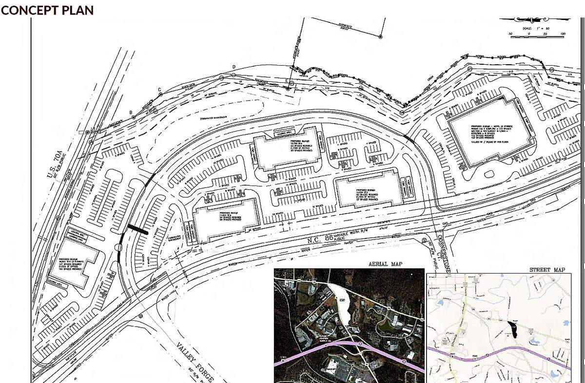 A concept plan included in a marketing brochure for undeveloped land at 1700 N.C. 86 in Hillsborough illustrates what might be possible on the site: four commercial buildings and a five-story hotel with 142 rooms, meeting space and restaurant.