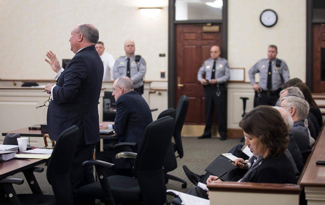 Boyd Sturges, left, who represents the Sons of Confederate Veterans, speaks during a hearing at the Orange County Courthouse on Wednesday, Feb. 12, 2020 held to determine whether the SCV had legal standing to bring a lawsuit against the UNC System over the statue known as Silent Sam.
