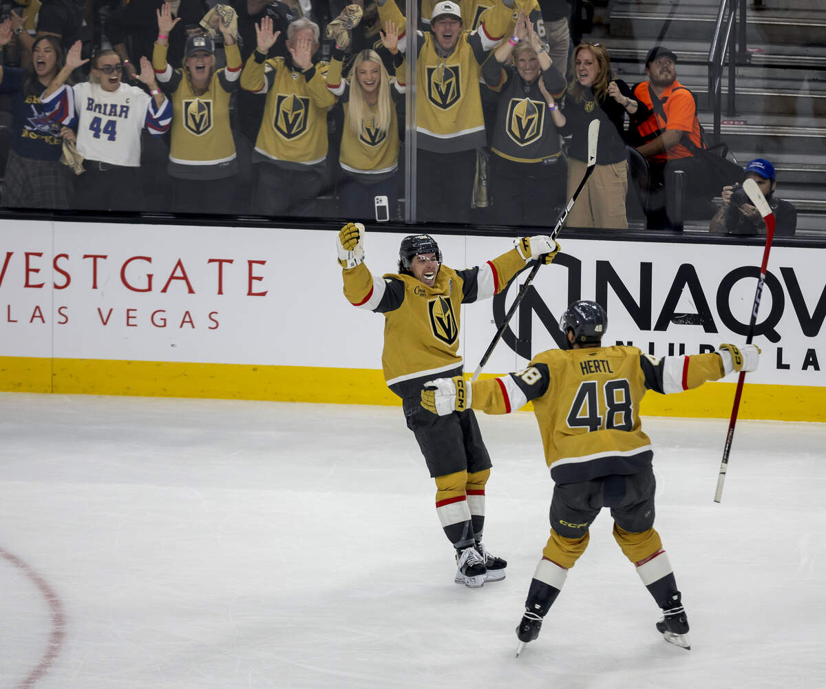 Vegas right wing Mitch Marner (93) reacts after scoring to take 4-0 over the Carolina Hurricanes in the second period in Game 3 of the Stanley Cup Final, on Saturday, June 6, 2026 at T-Mobile Arena in Las Vegas, NV.