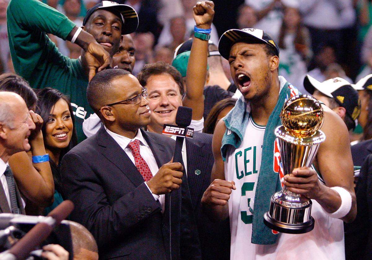 Paul Pierce of the Boston Celtics is interviewed by Stuart Scott at the end of Game Six of the 2008 NBA Finals against the Los Angeles Lakers. The Celtics defeated the Lakers 131-92 to win the NBA Championship.  