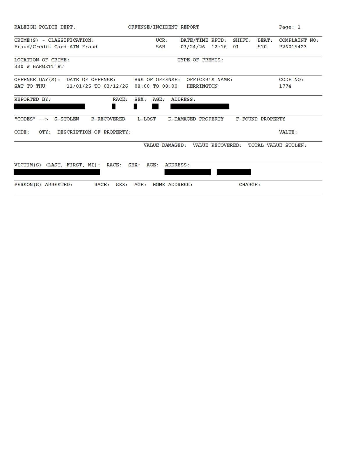 An incident report provided by Raleigh police when The N&O asked if police are actively investigating The Bryant Center or its director, Vance Haywood.