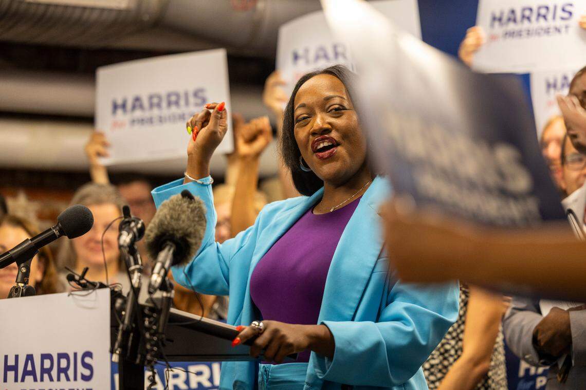 State Sen. Natalie Murdock, a Durham Democrat, speaks during a rally in support of Vice President Kamala Harris’s presidential campaign in Raleigh on Thursday, July 25, 2024.