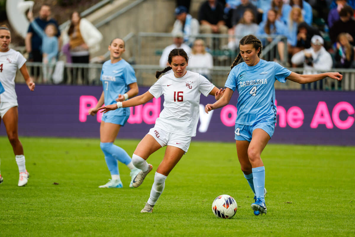 Florida State women’s soccer defender Sophia Nguyen (16) defends against UNC’s Aven Alvarez (4) during the 2024 Ally ACC Women’s Soccer Championship in Cary, N.C. on Sunday Nov. 10.