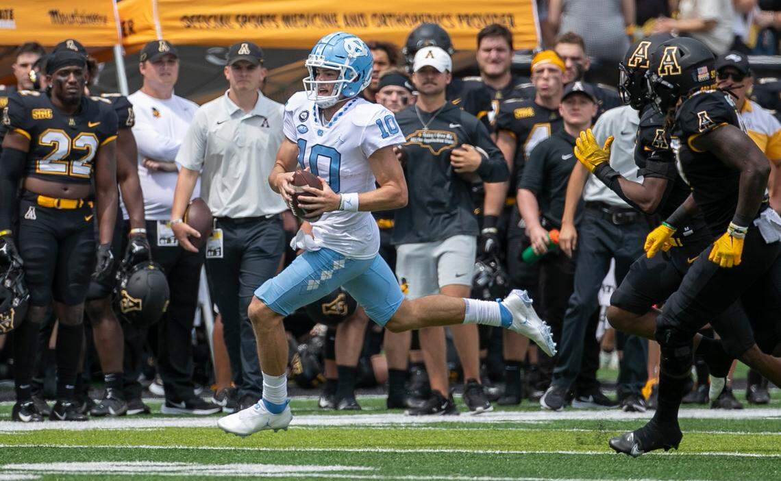 North Carolina quarterback Drake Maye (10) rushes for seven yards in the second quarter against Appalachian State on Saturday, September 3, 2022 at Kidd Brewer Stadium in Boone, N.C.