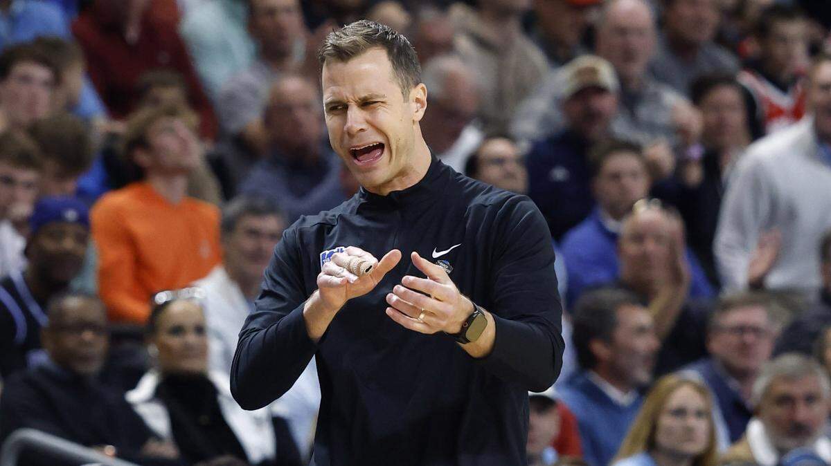 Duke head coach Jon Scheyer is upset they were called for a foul in the first half of Duke’s game against Siena in the first round of the NCAA Men’s Basketball Tournament at Bon Secours Wellness Arena in Greenville, S.C., Thursday, March 19, 2026.