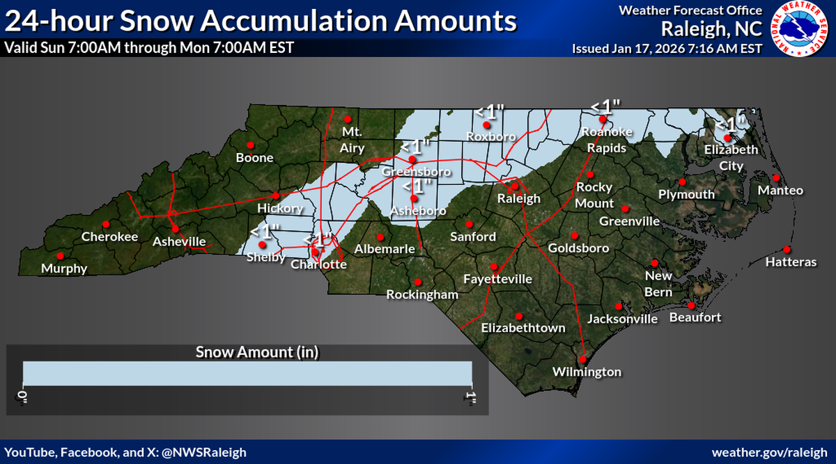 Northwest Wake and Chatham counties and all of Durham and Orange counties may see snow accumulate Sunday afternoon, according to the National Weather Service.