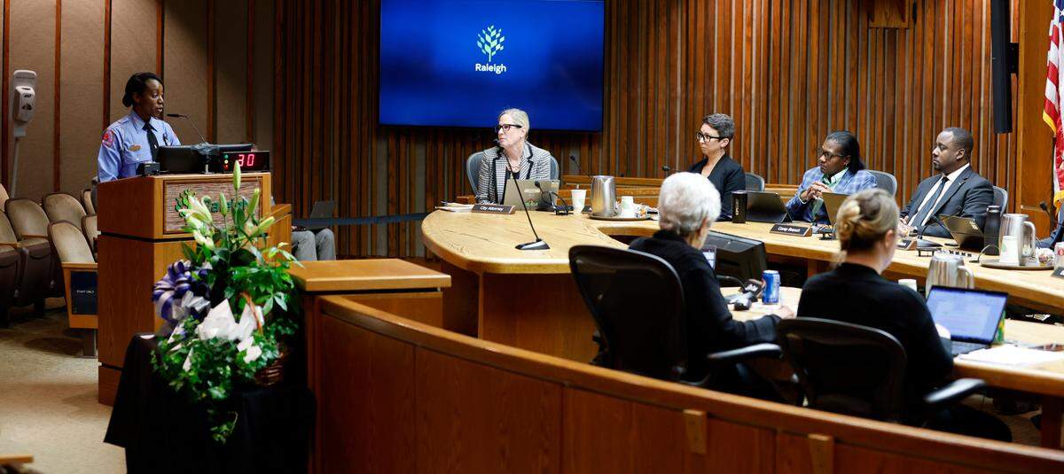 Raleigh Police Chief Estella Patterson briefs the Raleigh City Council during their meeting Tuesday, Oct. 18, 2022, on the status of the investigation into the mass shooting in the Hedingham neighborhood on Thursday, Oct. 13.