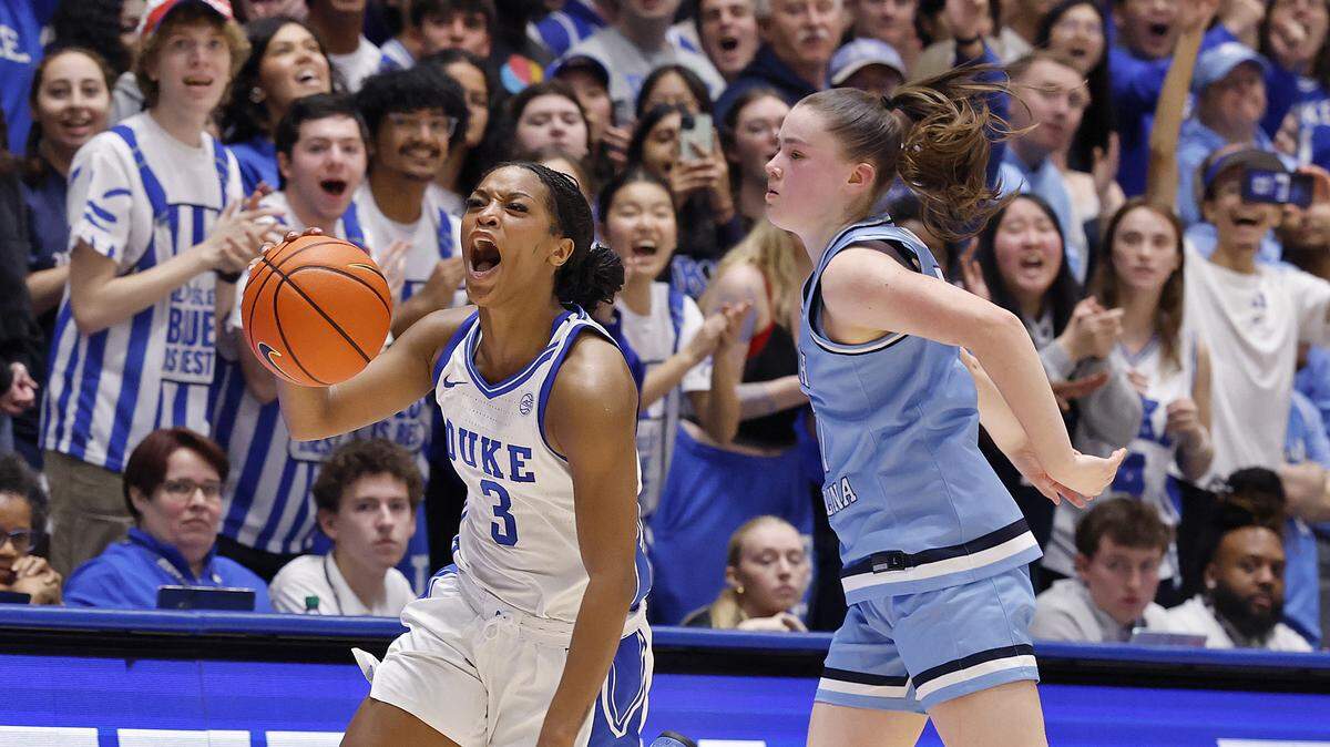 Duke’s Ashlon Jackson reacts as time expires during the Blue Devils’ 72-68 win over North Carolina on Sunday, Feb. 15, 2026, at Cameron Indoor Stadium in Durham, N.C.