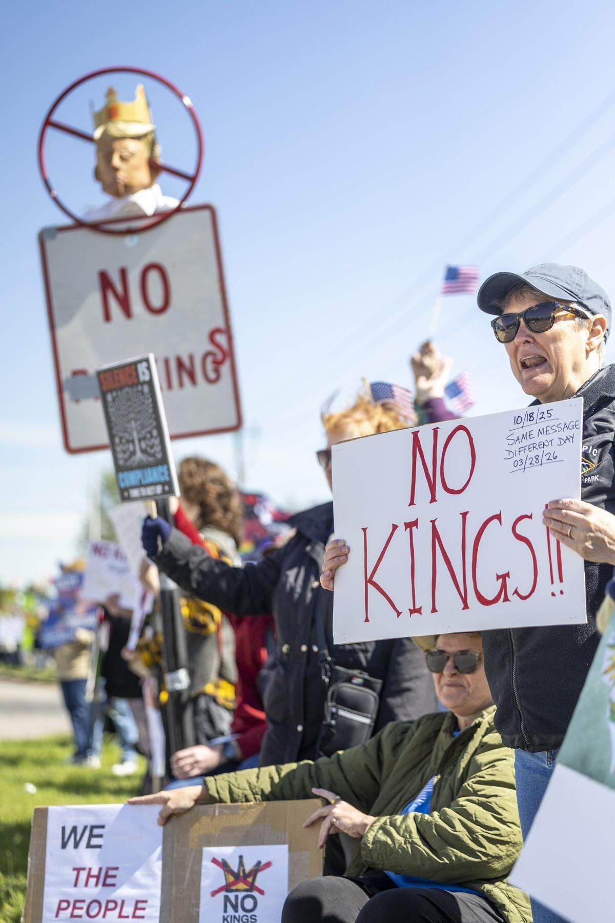 Hundreds of demonstrators line Capital Boulevard in Raleigh on Saturday, March 28, 2026, during a “No Kings” protest against President Donald Trump and his agenda. More than 70 cities and towns across North Carolina participated in nationwide protests Saturday.