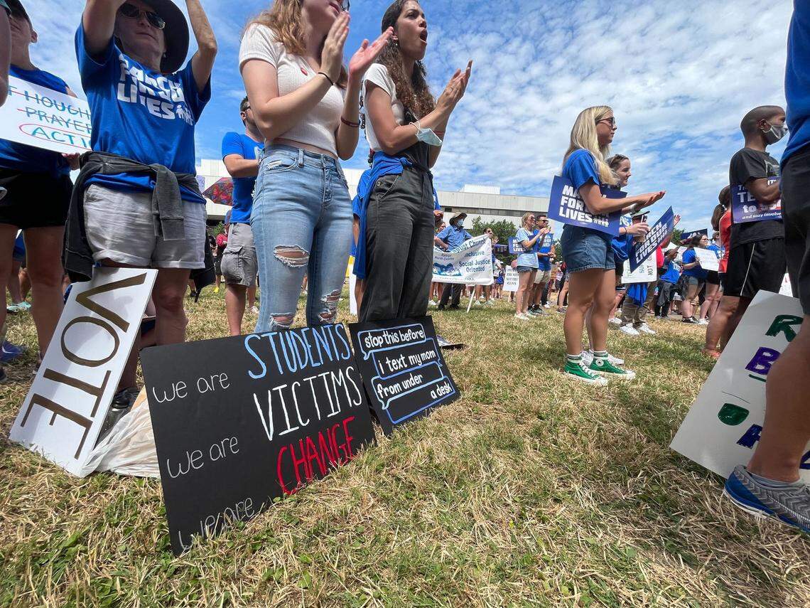 Attendees at the March for Our Lives on Halifax Mall in Raleigh cheer for a speaker on stage. The local rally was one of hundreds that took place Saturday, June 11, in reponse to recent mass shootings in the U.S.