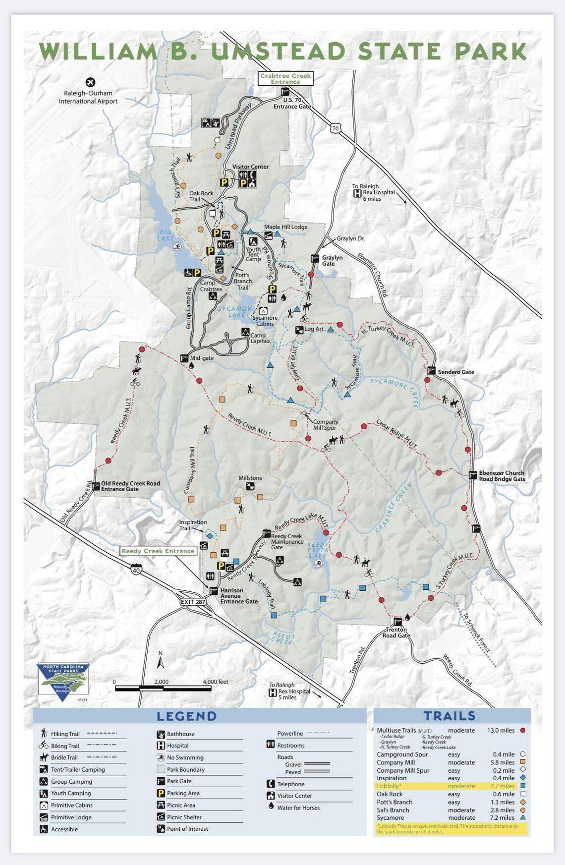 A map of William B. Umstead State Park. Wake County hopes to develop a network of off-road cycling trails on 252 acres west off the Reedy Creek multi-use trail, seen far left here.