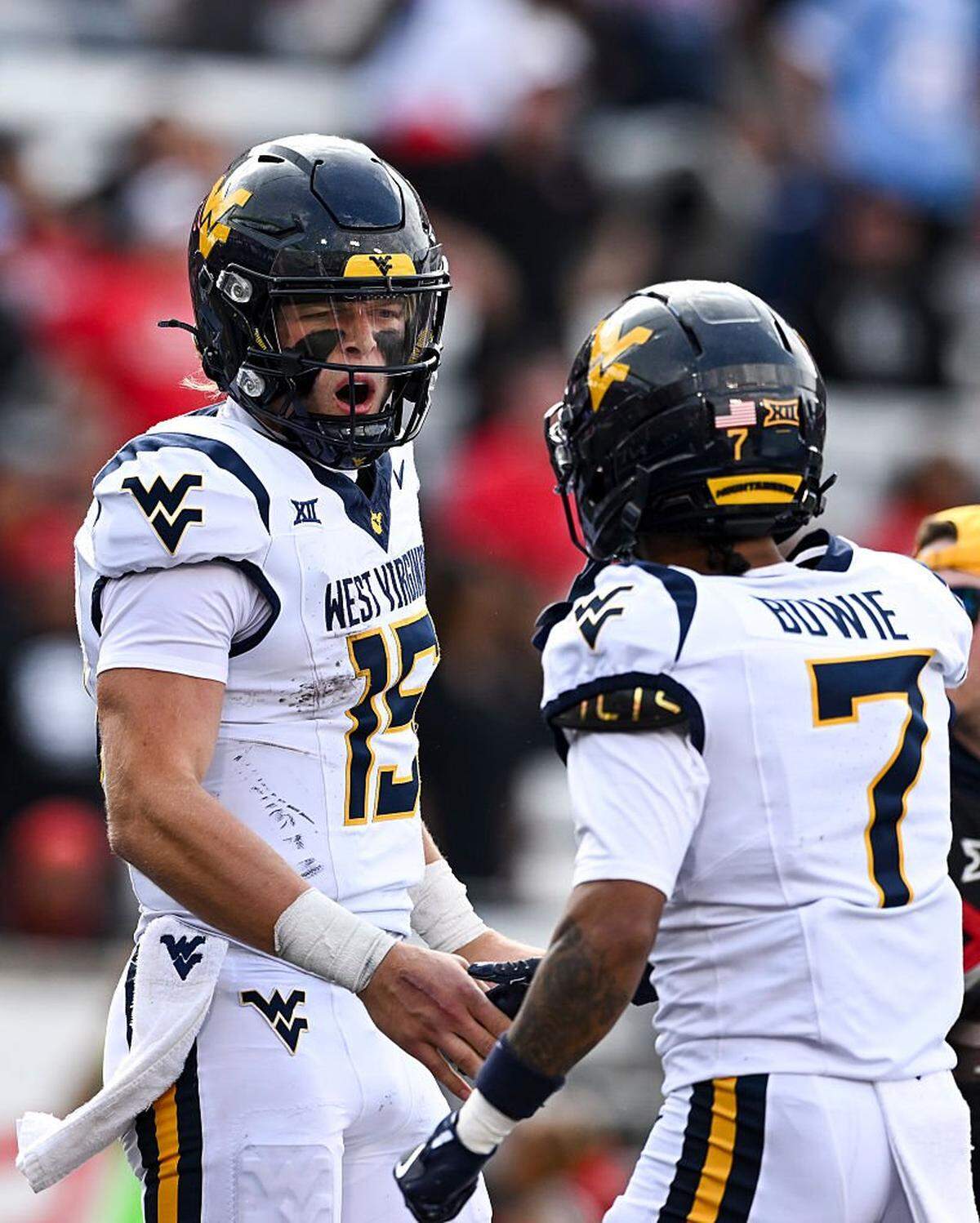 Scotty Fox Jr. (15) of the West Virginia Mountaineers reacts after scoring a touchdown during the second half against the Houston Cougars at TDECU Stadium on November 01, 2025 in Houston, Texas. 