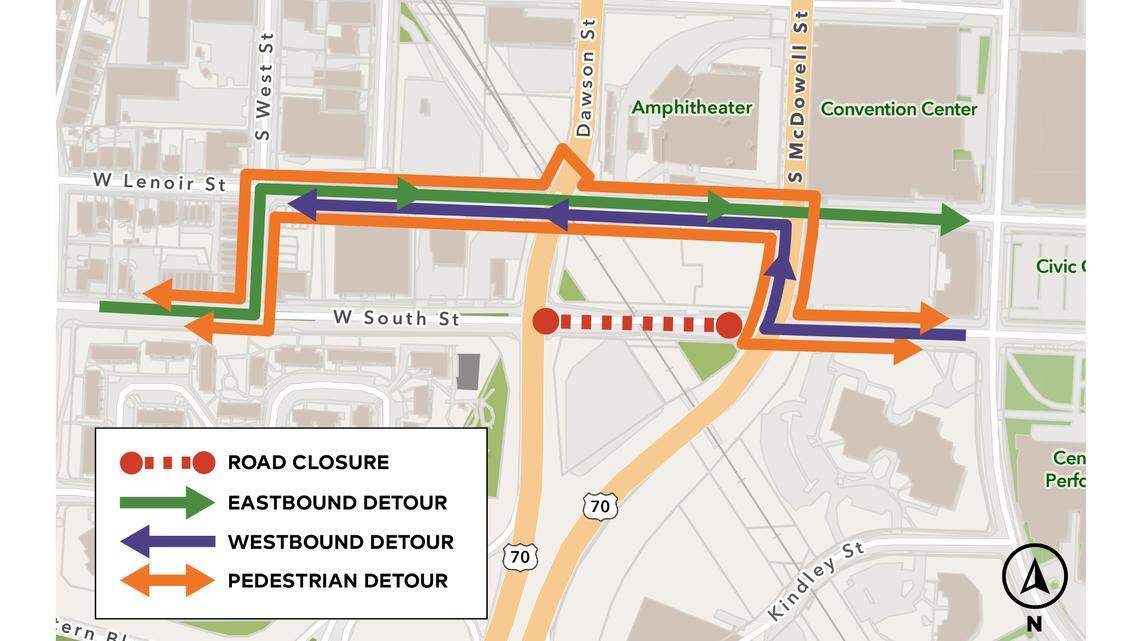 A map showing the detour routes around a block of South Street in downtown Raleigh that will close permanently on April 14, 2025.