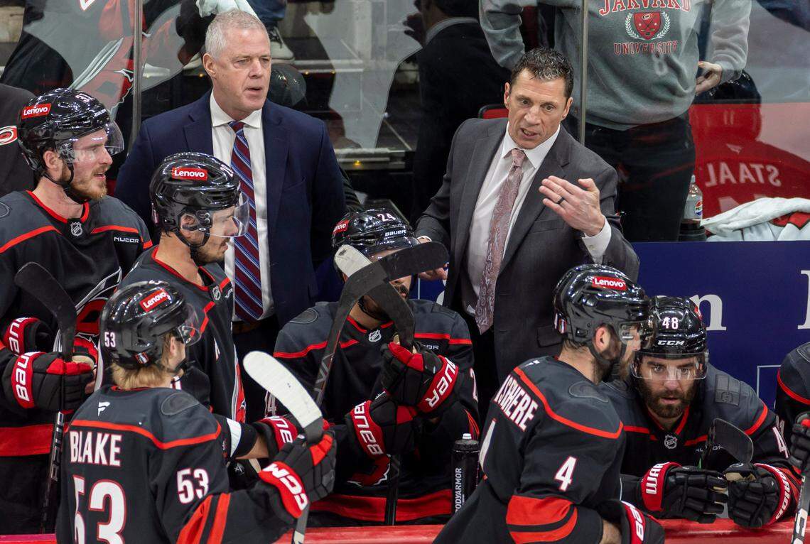Carolina Hurricanes coach Rod Brind’Amour works with his players in the closing minutes of the third period against the Florida Panthers during Game 5 of their Stanley Cup series on Wednesday, May 28, 2025 at Lenovo Center in Raleigh, N.C.