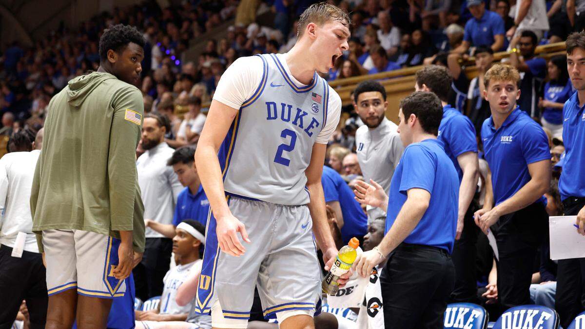 Duke’s Cooper Flagg (2) yells out in frustration while having issues in the quadriceps area of his legs during the second half of Duke’s 100-58 victory over Army at Cameron Indoor Stadium in Durham, N.C., Friday, Nov. 8, 2024.
