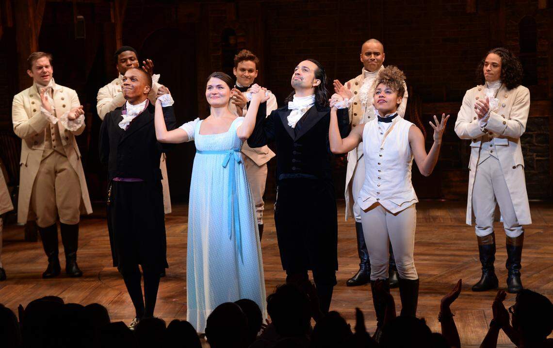 (L-R): Leslie Odom Jr, Phillipa Soo, Lin-Manuel Miranda and Ariana DeBose take their final bow in “Hamilton” at the Richard Rogers Theatre on Saturday, July 9, 2016, in New York.