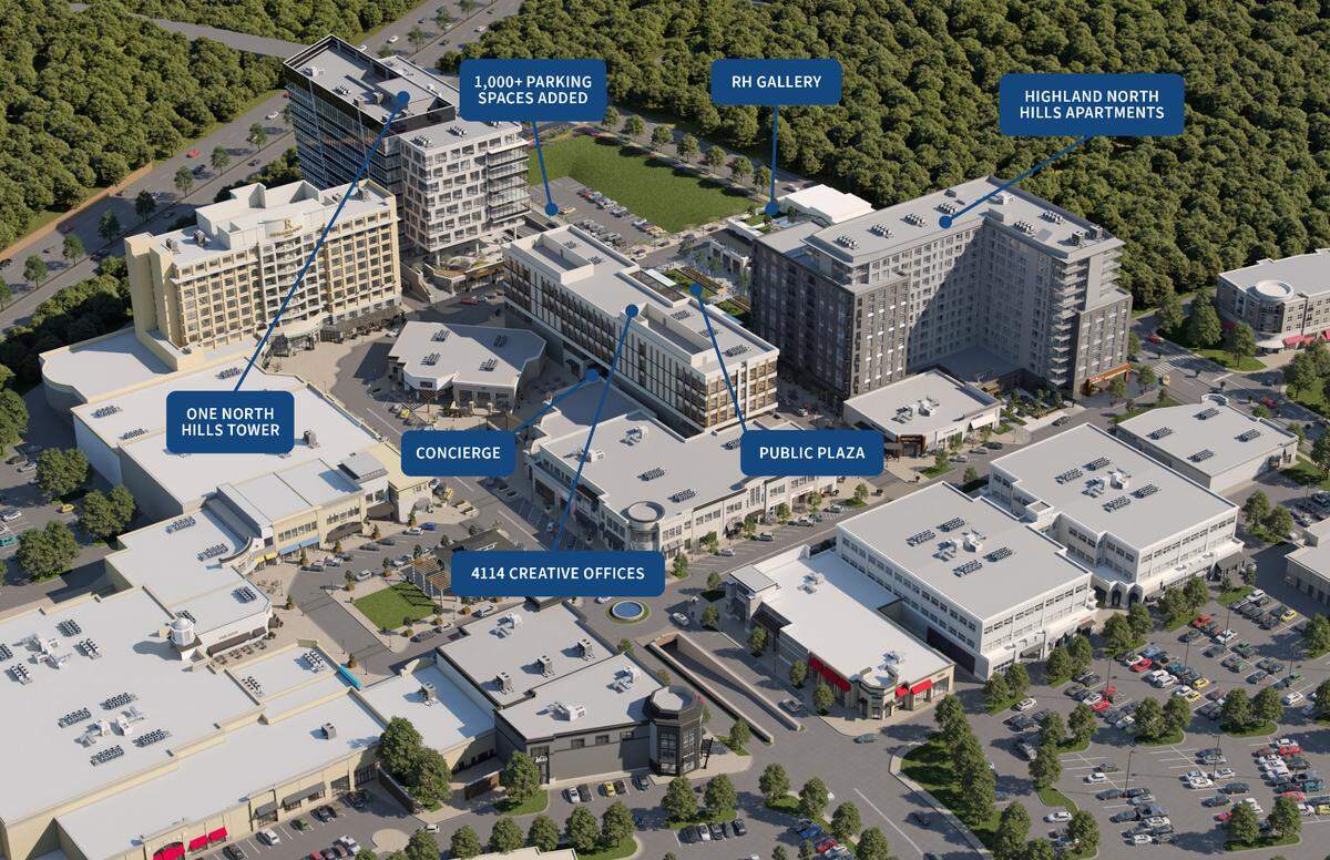 An aerial rendering of Kane Realty’s Main District expansion in North Hills.
