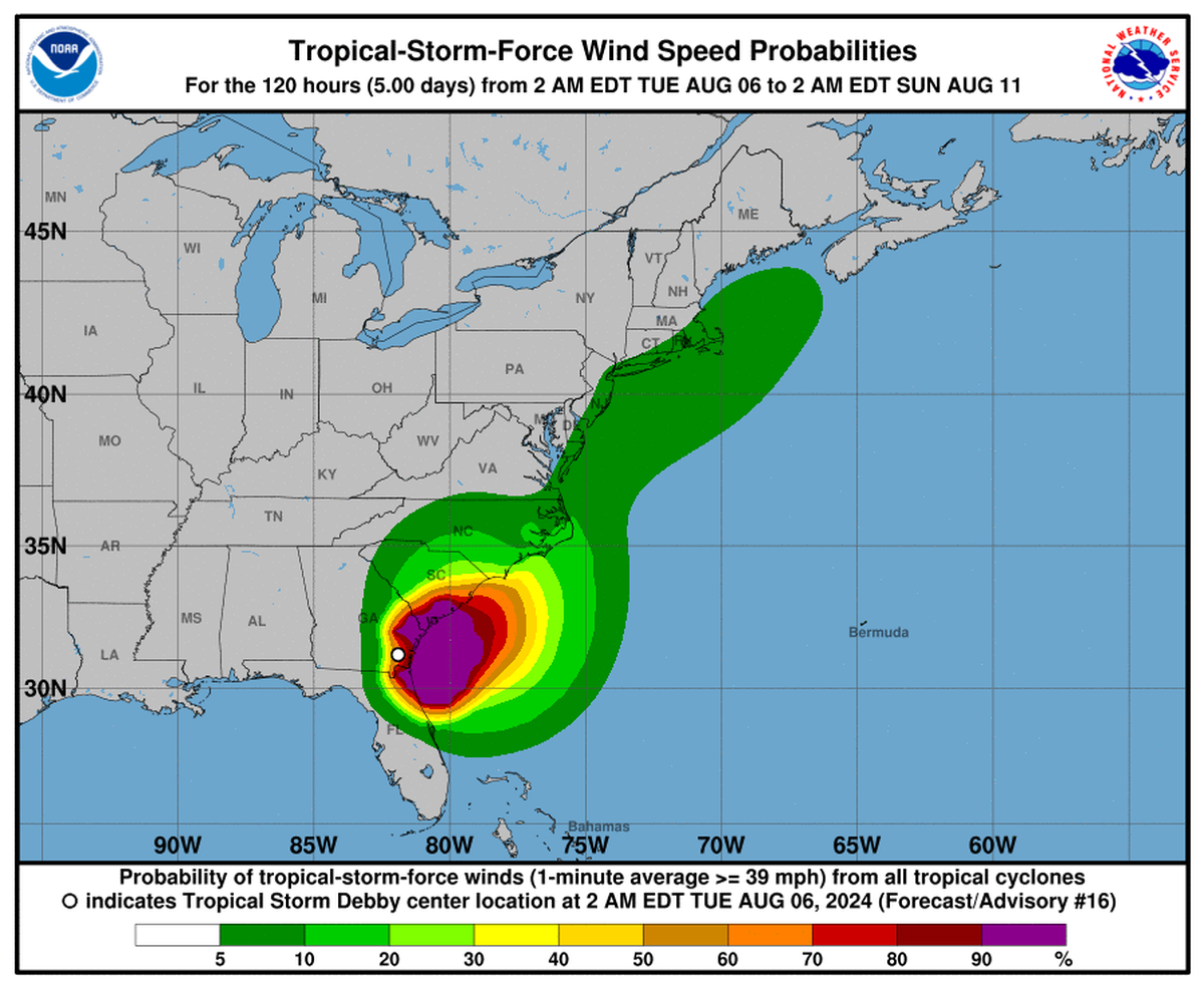 Though Tropical Storm Debby is expected to be primarily a rain event for North Carolina, the southeastern part of the state could see tropical storm-force winds. Areas as far north as the Triangle could see gusts of up to 22 mph.