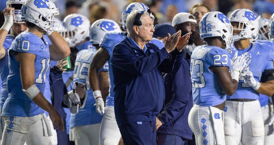 North Carolina coach Mack Brown applauds after scoring in overtime against Appalachian State on Saturday September 9, 2023 at Kenan Stadium in Chapel Hill, N.C.