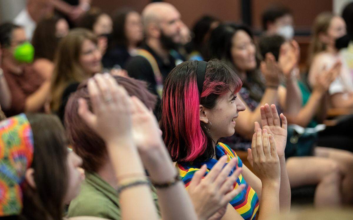 People applaud following public comments in support of a Pride Month proclamation during a Holly Springs Town Council meeting on Tuesday, June 7, 2022, in Holly Springs, N.C. Requests for the town to issue a proclamation for Pride Month have been unsuccessful.