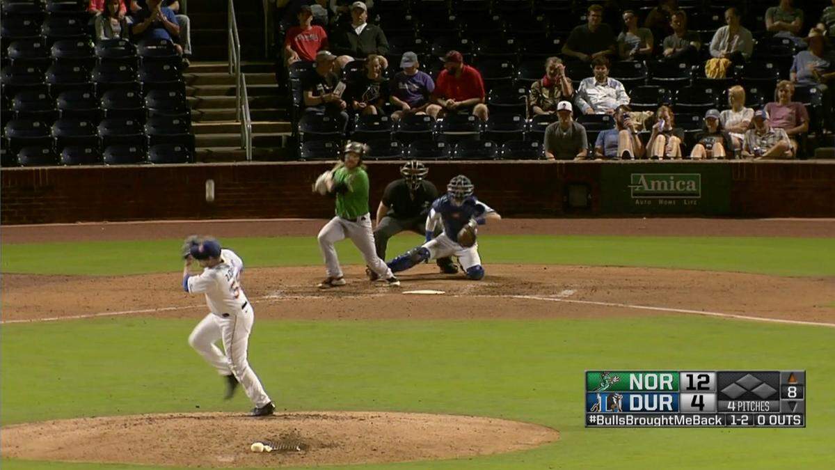 Durham Bulls pitcher Tyler Zombro falls to the mount after being struck in the head by a line drive hit during a game Thursday night, June 3, 2021. Zombro is listed in “stable condition” Friday morning.