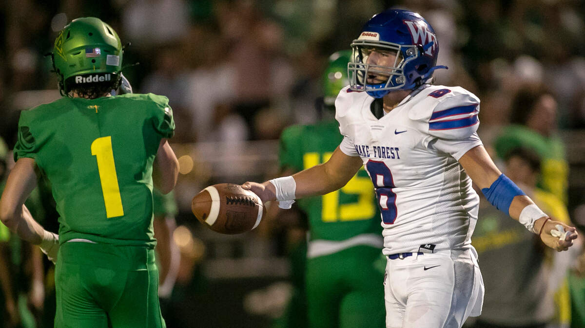 Wake Forest’s Michael DiPasquale (8) reacts after being stopped on a two-point conversion to take the lead in the fourth quarter on Friday, September 9, 2022 in Raleigh, N.C. The defensive stop allowed Cardinal Gibbons to hold on to defeat Wake Forest 10-9.