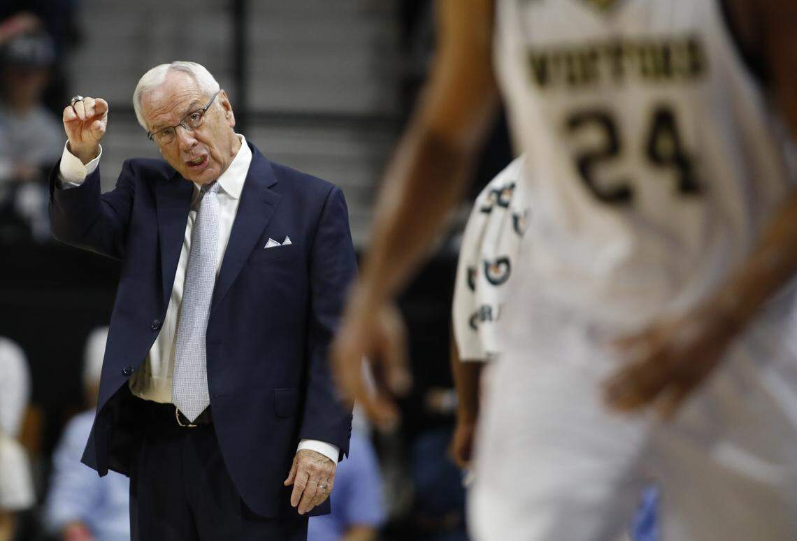 North Carolina coach Roy Williams directs his squad during the first half of an NCAA college basketball game against Wofford in Spartanburg, S.C., Tuesday, Nov. 6, 2018. 